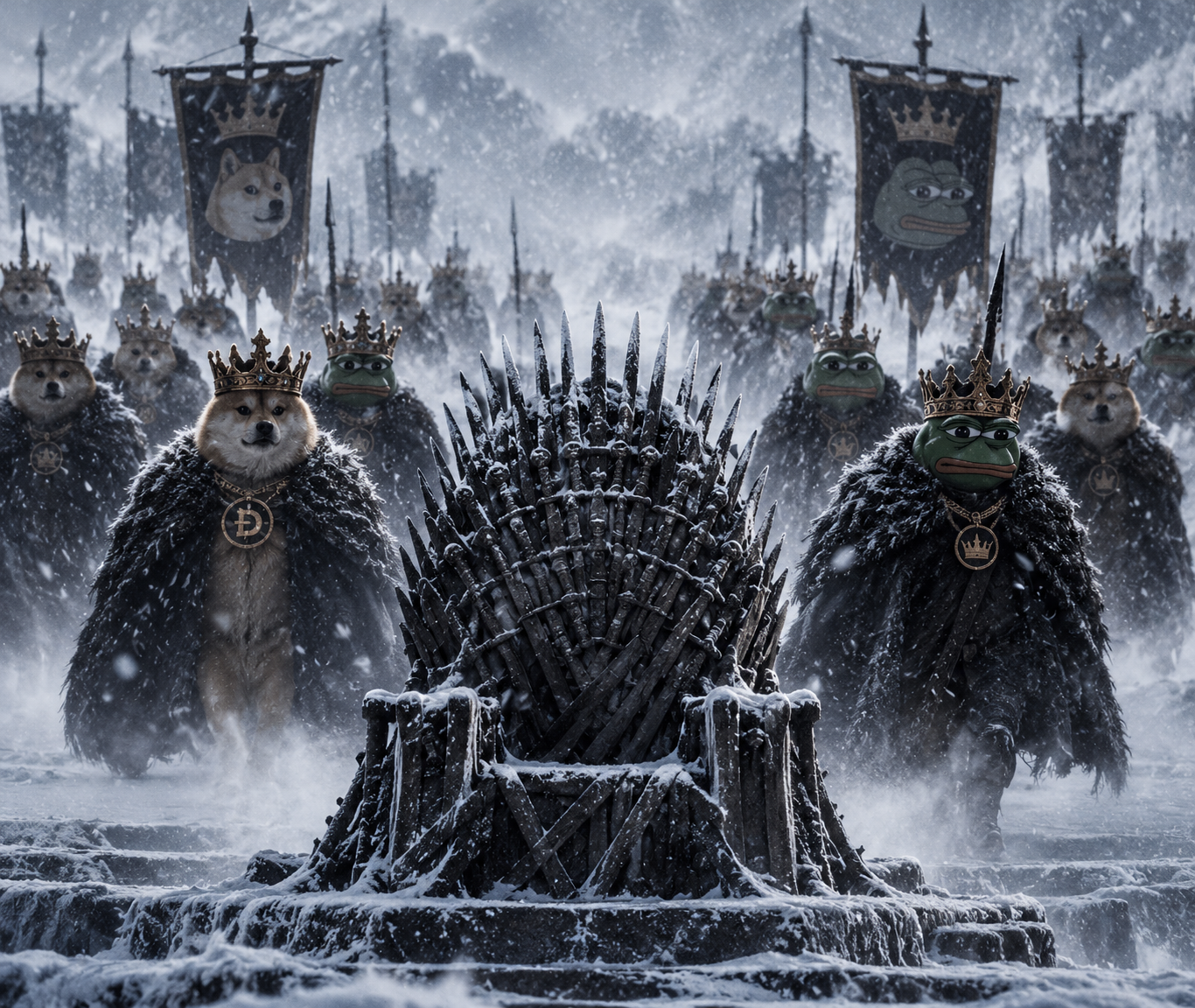 A frozen throne surrounded by crowned Doge and Pepe warriors in a winter storm
